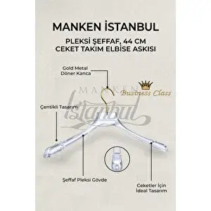 Manken İstanbul Business Class 10 Adet 44 Cm Pleksi Şeffaf Gold Kanca Erkek Takım Elbise Askısı Palto Ceket Askısı