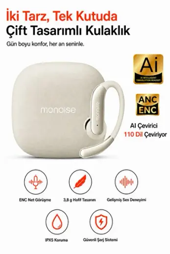 PQ16 Monoise 110 Dil Gerçek Zamanlı Yapay Zekâ Çeviri Destekli Kablosuz Kulaklık, ANC ve ENC Gürültü Azaltma, 3,8 g Hafif Ergonomik Kulak Kanca Tasarım, Çift Kullanım Modu, Göstergeli Şarj Kutusu