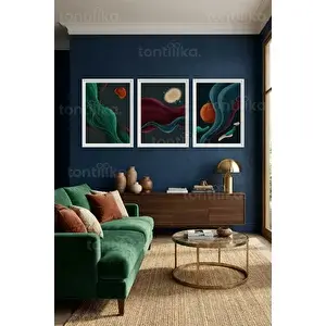 Tontilika Soyut Dalgalar Ve Gezegenler 3’lü Ahşap Çerçeveli Tablo Seti 30x42 cm