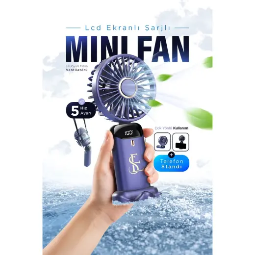 Ensiga Şarjlı Mini El Boyun Masa Fanı Mor Renkli LCD Ekranlı Taşınabilir Vantilatör Yüksek Performans