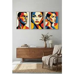 Tontilika Renkli Geometrik Soyut Portre 3’lü Ahşap Çerçeveli Tablo Seti 30x42 cm