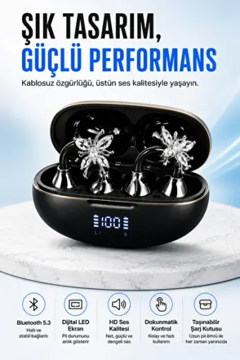 Kristal Çiçek Charm Tasarımlı Kablosuz Bluetooth 5.3 Kulaklık, Dijital LED Ekranlı Şarj Kutulu, Dokunmatik Kontrollü Mor TWS Kulak İçi Kulaklık
