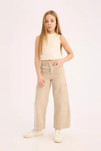 %100 Pamuk Wide Leg Kargo Jean Pantolon Kız Çocuk