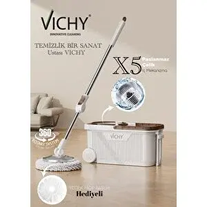 Vichy 360° Döner Mop Tekerlekli Temizlik Seti | Kolay Sıkma Kova, Mikrofiber Mop (yedek Mop Bezi Hediyeli) Vch-6676 X5