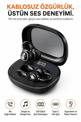 OWS Kablosuz Bluetooth Kulaklık M163, Açık Kulak Tasarım, HD Ses Deneyimi, LED Ekranlı Şarj Kutusu, Type-C Hızlı Şarj Destekli True Wireless Earbuds