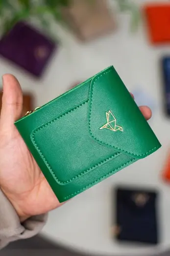 Peru Vegan Deri Bozuk Para Gözlü Bol Kartlıklı Mini Kadın Cüzdanı Yeşil