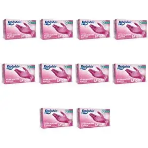 Dolphin Tek Kullanımlık Pembe Nitril Eldiven - Muayne Eldiveni Medium Orta Boy - 100'lü 10 Paket