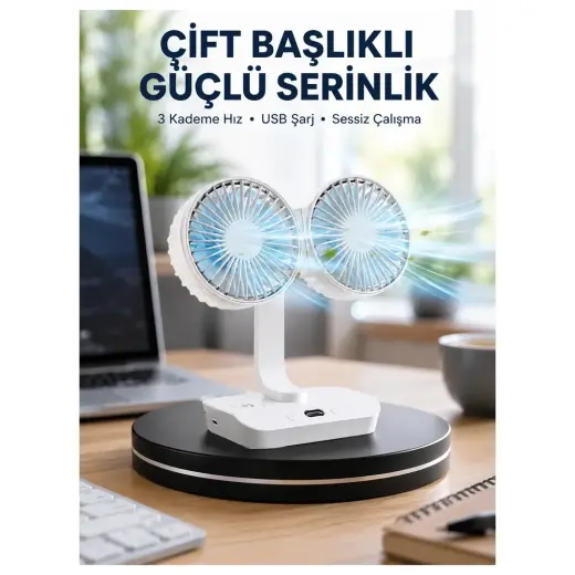 Masa Dostu Sessiz Çalışan USB Şarjlı Çift Kafalı Masaüstü Fan – Ev ve Ofis Için Tdms-07