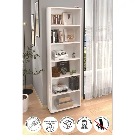Bofigo 6 Raflı Modern Kitaplık Beyaz