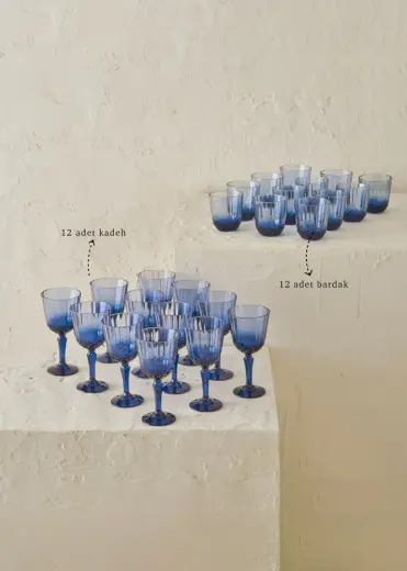 Colore Kesme Bardak-Kadeh Seti 24'lü Mavi