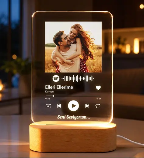 Sevgiliye Kişiye Özel Fotoğraflı Spotify Plak Tasarım QR Kod LED Gece Lambası Ahşap Kaideli Hediye