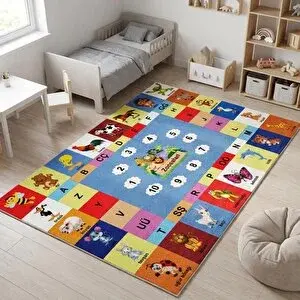 Carpettex Türkçe Eğitici Hayvanlar Ve Alfabe Temalı Halı Kaymaz Dijital Baskı Çocuk Oyun Halısı 160x200 cm