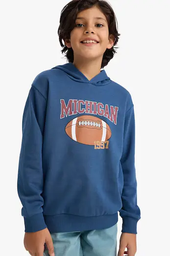 Kapüşonlu Baskılı İçi Yumuşak Tüylü Sweatshirt Erkek Çocuk
