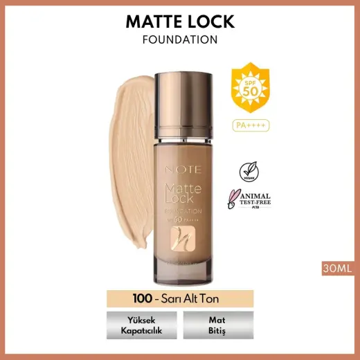Note Matte Lock Foundation Fondöten 100 Sarı Alt Ton