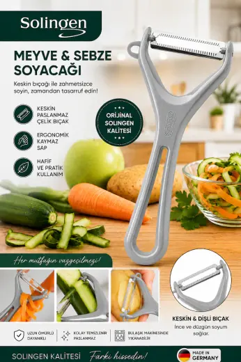 Solingen Meyve Sebze Soyacağı Paslanmaz Çelik Profesyonel Soyacak Gri
