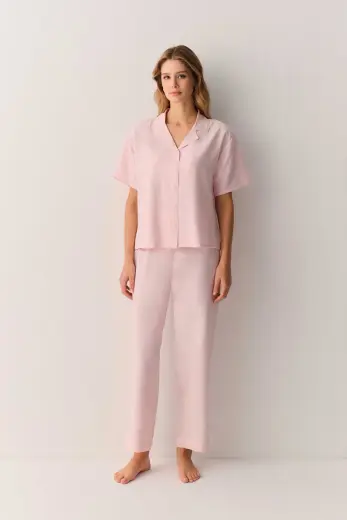 Pembe Amanda Gömlek Yaka Pijama Takımı