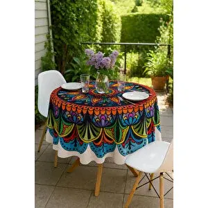 Mira Home Yuvarlak Etnik Desenli Duck Kumaş Masa Örtüsü 150x150 Cm