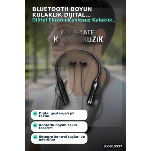 sbodurhome Bluetooth V4.0 Boyun Kulaklık 600 Saat Bekleme Dijital Göstergeli Çift Cihaz Bağlantılı BX-313