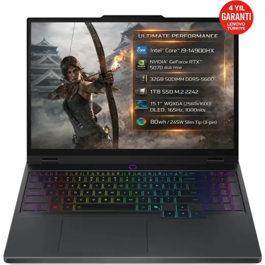 Lenovo Legion 5 15IRX10 Intel Core I9-14900HX 32GB 1TB SSD RTX 5070 8GB 15.1" WQXGA (2560X1600) OLED 165Hz 115W Freedos Taşınabilir Bilgisayar 83LY00L1TR