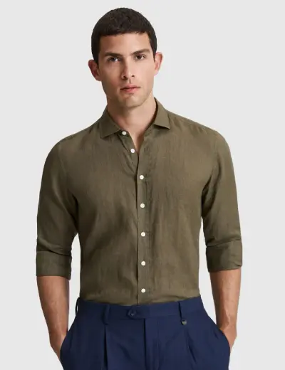 Haki %100 Keten Regular Fit Uzunkollu Gömlek