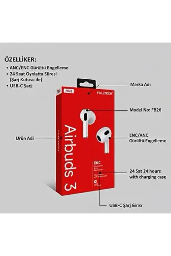 Al-NET Airbuds 3 Kablosuz Bluetooth Kulaklık | Enc Gürültü Engelleme | 24 Saat Şarj Süresi