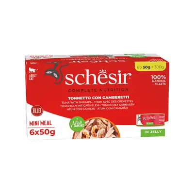 Schesir Jöle İçinde Karidesli ve Ton Balıklı Yetişkin Kedi Konservesi 6x50gr