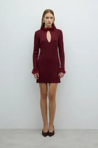 Triko Mini Elbise Bordo