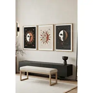 Tontilika Kozmik Güneş Ay 3’lü Ahşap Çerçeveli Tablo Seti 50 x 70 cm