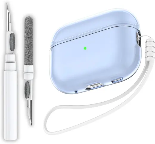 Pro 2. Nesil Uyumlu Şeffaf Mavi Premium Kulaklık Kılıfı, Beyaz Kulaklık İpi ve 3'ü 1 Arada Bluetooth Kulaklık Temizleme Kalemi Seti (Şeffaf Mavi - Beyaz)