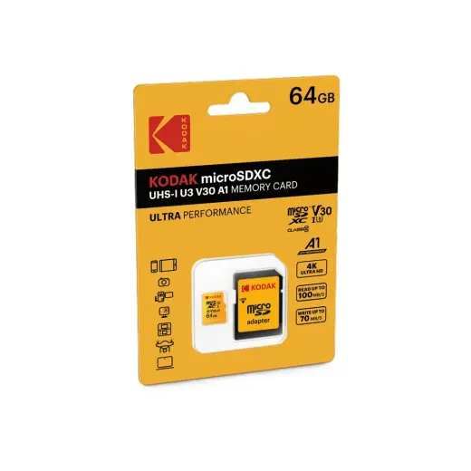 Kodak 64 GB Yellow Micro SD+ Adaptör Hafıza Kartı Uhs-UHS-I U3/V30/A1 Yüksek Okuma Yazma Hızı ve 4K Video Desteği