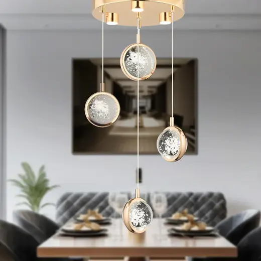 Apliqa Eldon 4'lü Yuvarlak 3 Renk 61 Wattgold Kristal Ledli Modern Oturma Odası Salon Sarkıt Avize
