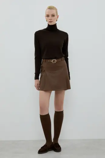 Beli Kemerli Mini Etek Kahve