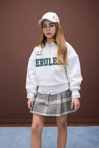 Oversize Geniş Kalıp Polo Yaka Baskılı İçi Yumuşak Tüylü Sweatshirt Kız Çocuk