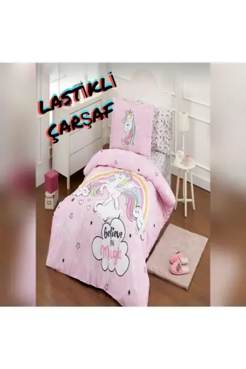 Tek Kişilik ( Çarşafı Lastikli ) Nevresim Takımı Unicorn Pembe