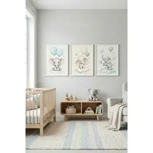 Tontilika Sevimli Balonlu Filler Bebek Odası 3’lü Ahşap Çerçeveli Tablo Seti 30x42 cm