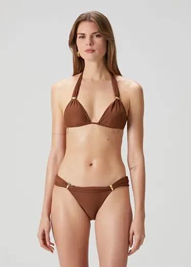 Bia Kahverengi Gold Aksesuarlı Üçgen Bikini Üstü