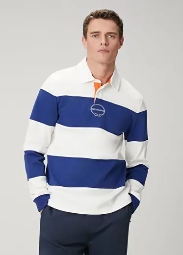Beyaz Kobalt Çizgili Comfort Fit Polo T-shirt