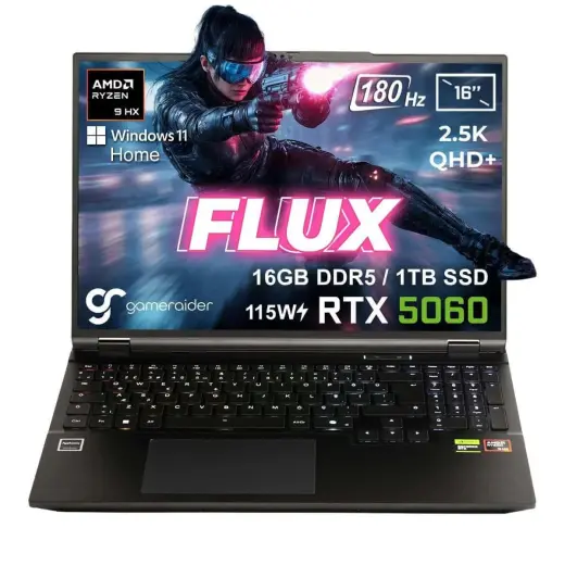 GameRaider FLUX GR16 AMD Ryzen 9-8940HX 16 GB DDR5 1 TB SSD RTX 5060 8 GB 115W 16 inç 2.5K QHD+ 180Hz W11 Home Gaming Laptop