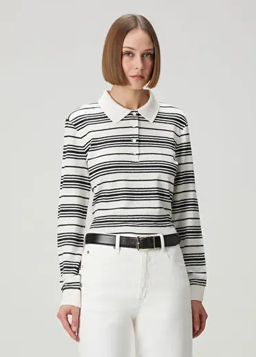 Lacivert Krem Çizgili Keten T-shirt