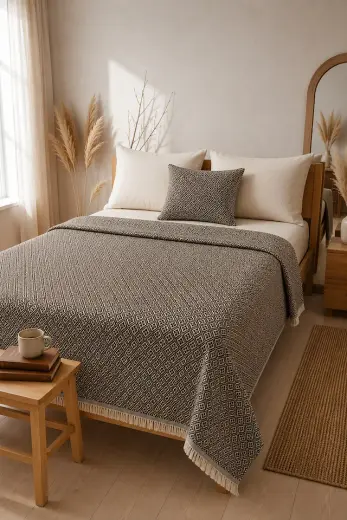 Lunga Vita Dokuma Pike Çiftkişilik 200x220 Çok Amaçlı Bohem Yatak Örtüsü Kahverengi