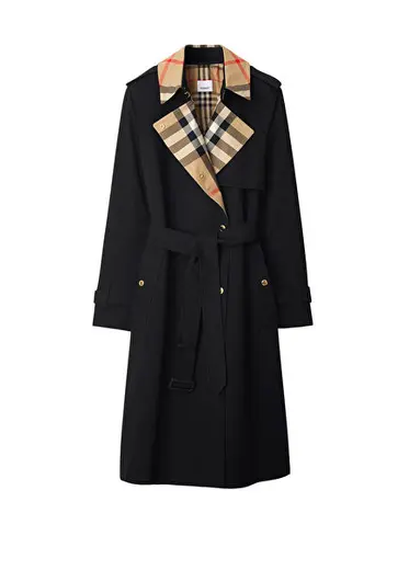 Sandridge Long Check Collar Gabardine Siyah Kadın Trençkot