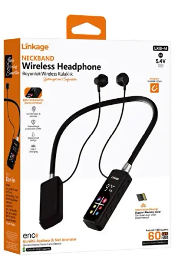 LKB-41 Boyun Askılı Kablosuz Bluetooth Kulaklık Sporcu Mikrofonlu Dijital Ekranlı -ENC Gürültü Azaltma & SD Kart Destekli