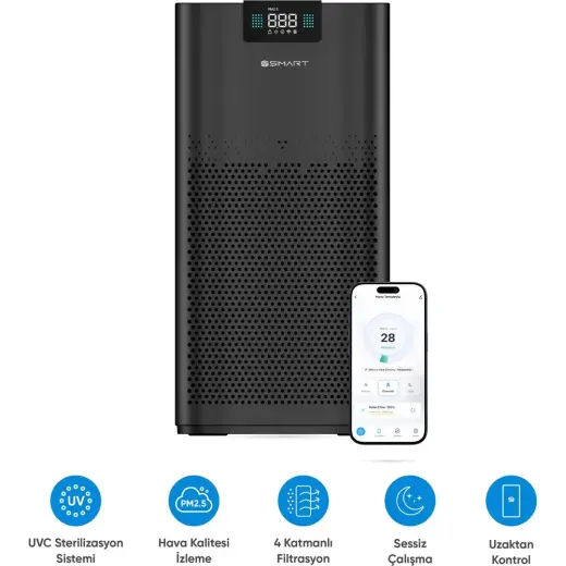 Şımart Akıllı Hava Temizleyici Pro H13 Hepa Filtreli 450 M³ Uv Negatif Iyonlu Wi-Fi Kontrollü 54 M²