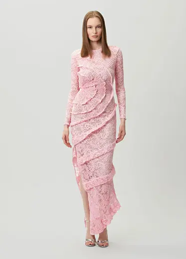 Pembe Pileli Maksi Dantel Abiye Elbise