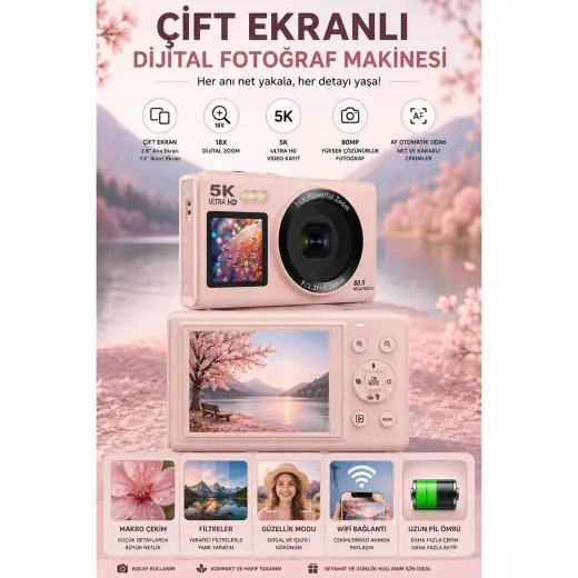 Robeve 5K UHD 80MP 18X Zoom Çift Ekranlı Dijital Vlog Fotoğraf Makinesi