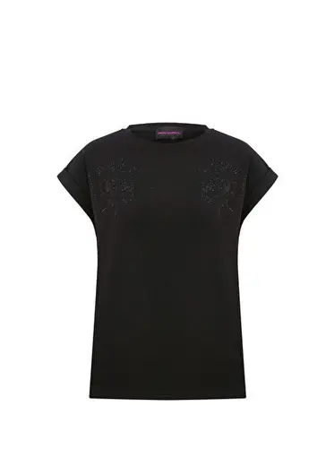 Siyah İşleme Detaylı Kısa Kollu Kadın T-Shirt