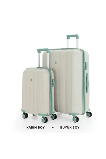 Bavul Büyük ve Kabin 2li Set Kırılmaz Silikon Valiz V305 Kemik/SuYeşili