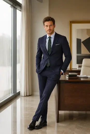 Lacivert Slim Fit Mono Yaka Klasik Takım Elbise