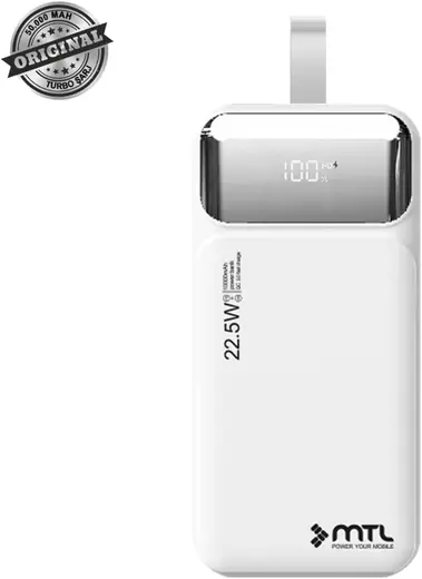 MTL 50000 mAh 22.5W Süper Hızlı Şarj Dahili Kablolu Dijital Led Göstergeli Powerbank MT4350 Beyaz ile uyumlu