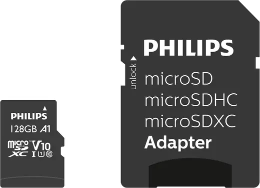 Philips Ultra Speed microSDXC Card 128 GB + SD adaptörü UHS-I U1, okuma hızı 80 MB/sn'ye kadar, A1 hızlı uygulama performansı, V10, akıllı telefonlar, tablet, bilgisayar, kart okuyucu, Full HD video